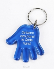 Productafbeelding Sleutelhanger hand blauw Je bent een parel in Gods hand